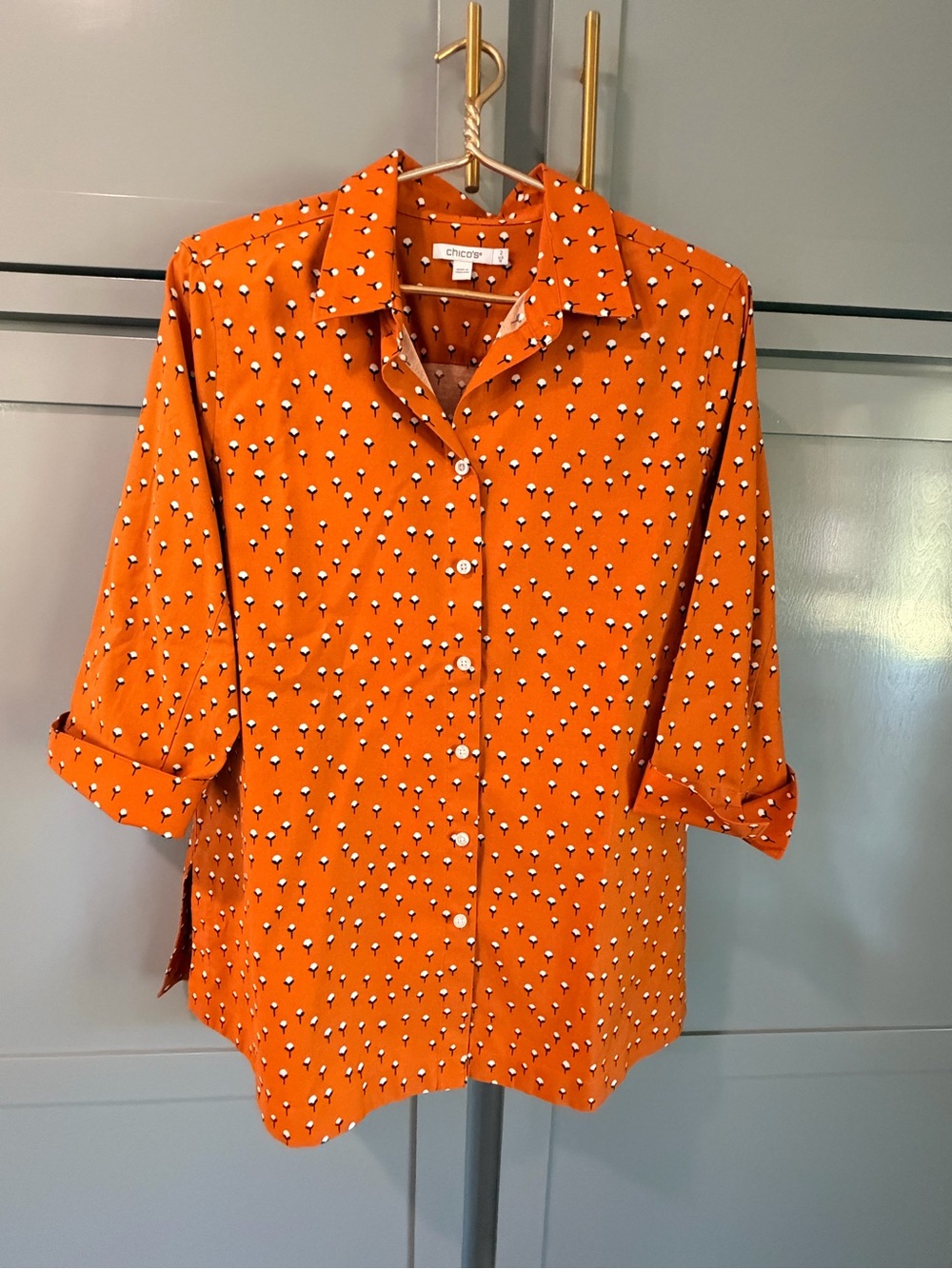 Chico's Bright Orange Button-Down Shirt with Tiny Floral Dots Sz 12